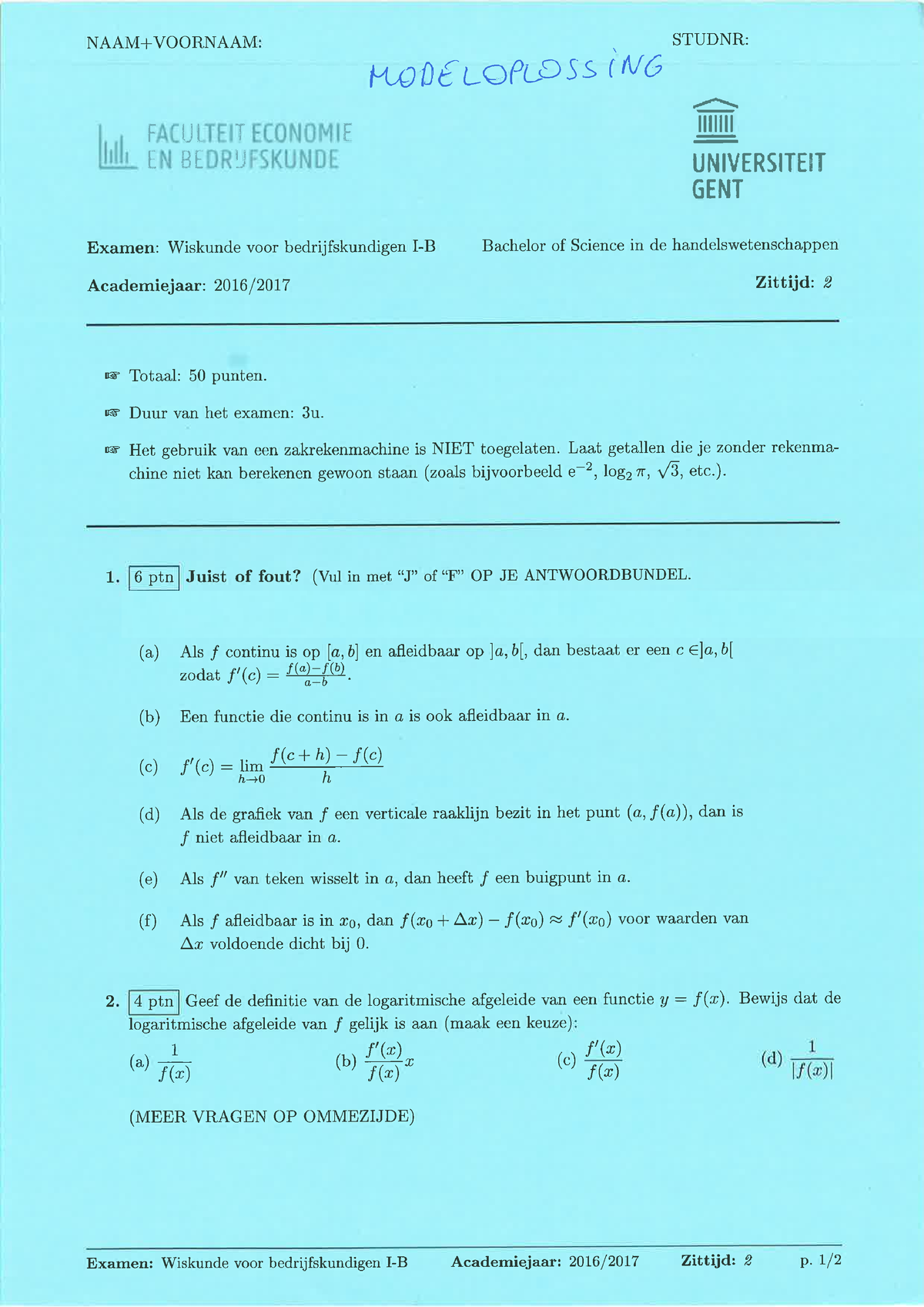 Wiskunde B Examen 4 - Wiskunde I-B - Studocu