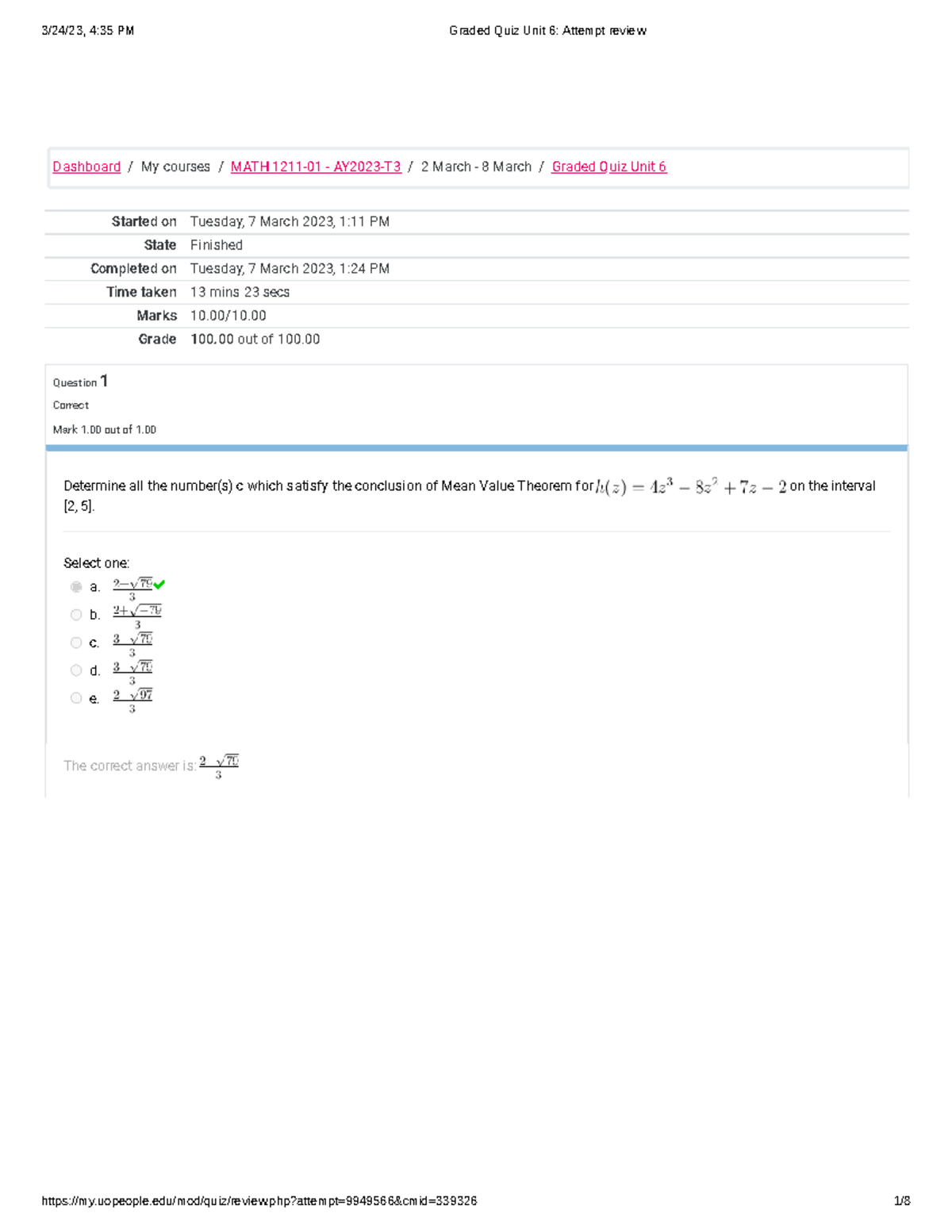 MATH1211 Graded Quiz Unit 6 Attempt Review - Started On Tuesday, 7 ...