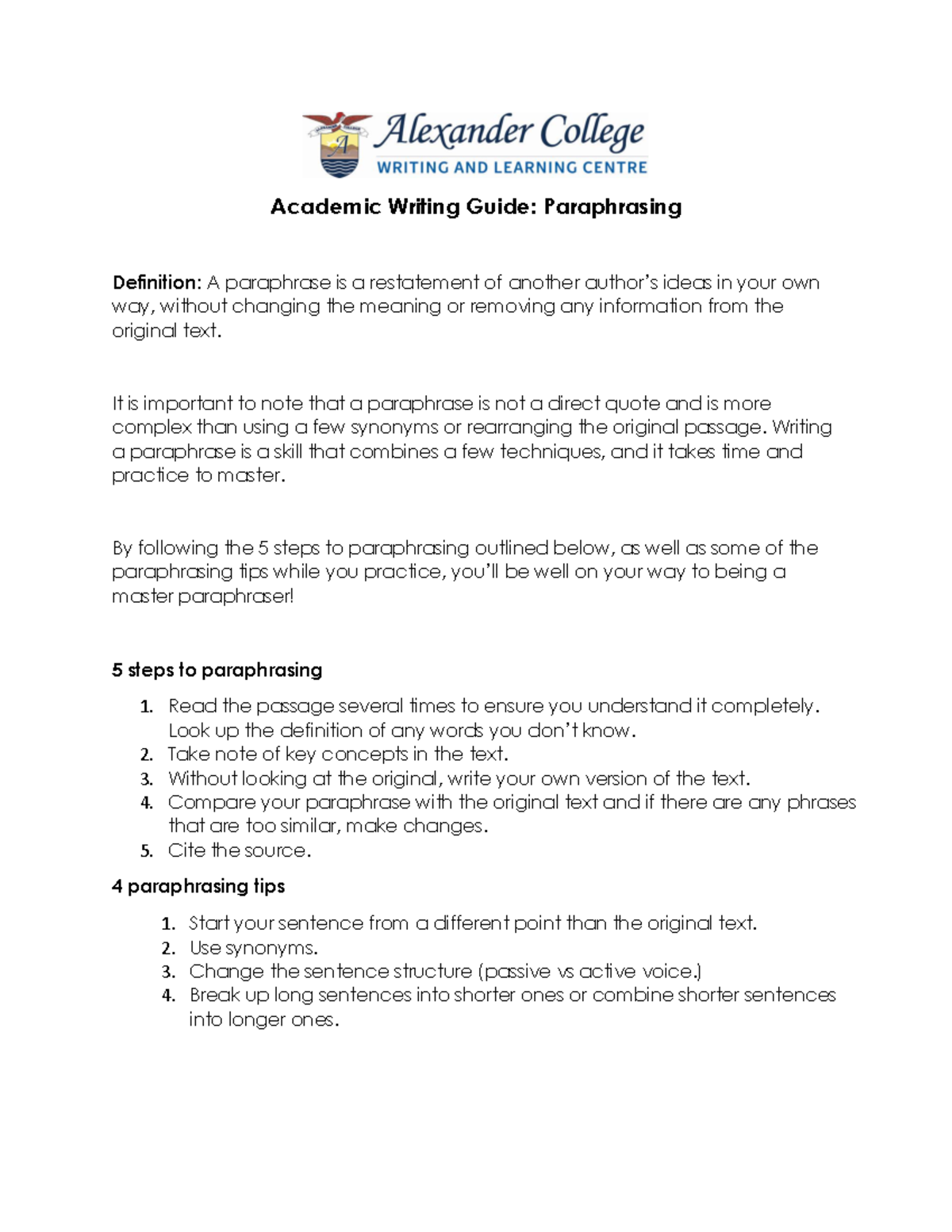 PARA 1 NOTES Academic Writing Guide Paraphrasing Definition A paraphrase is a restatement