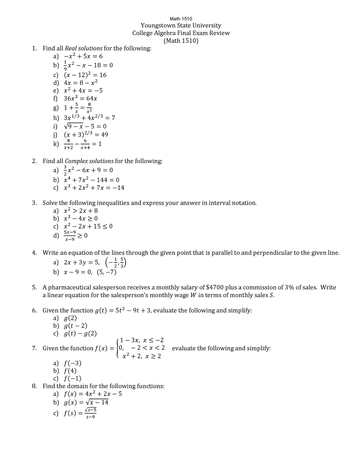 MATH-1510-Final-Exam-Review-Fall 2015- Correct-ADA - 1. Find all Real ...