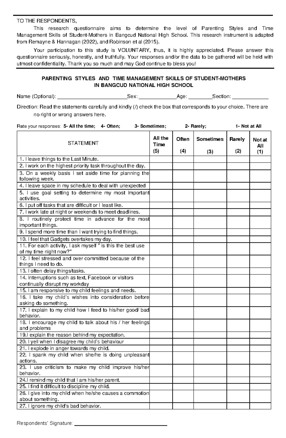 GA 03 Questionnaire Final - TO THE RESPONDENTS, This research ...