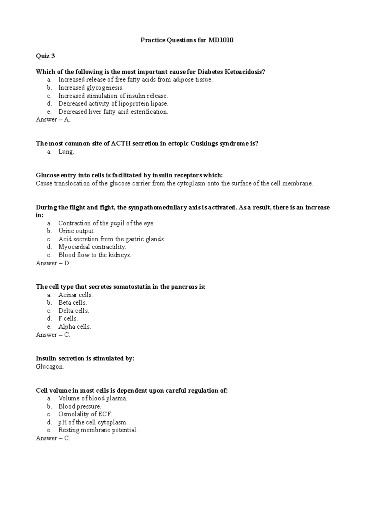 Practice Questions With Answers For MD1010 Practice Questions For MD 