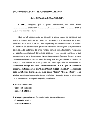 Modelo Escrito Solicita audiencia VIA Remota - SOLICITUD REALIZACIÓN DE  AUDIENCIA VIA REMOTA . DE - Studocu