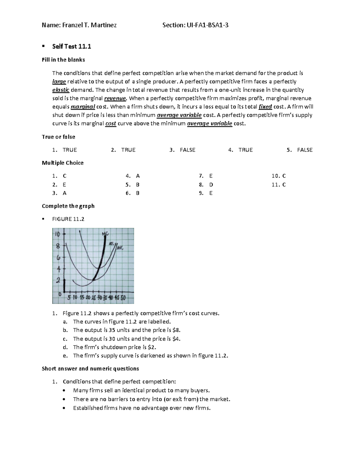 Market Structure - Perfect Competition (Self Test 11 - Name: Franzel T ...
