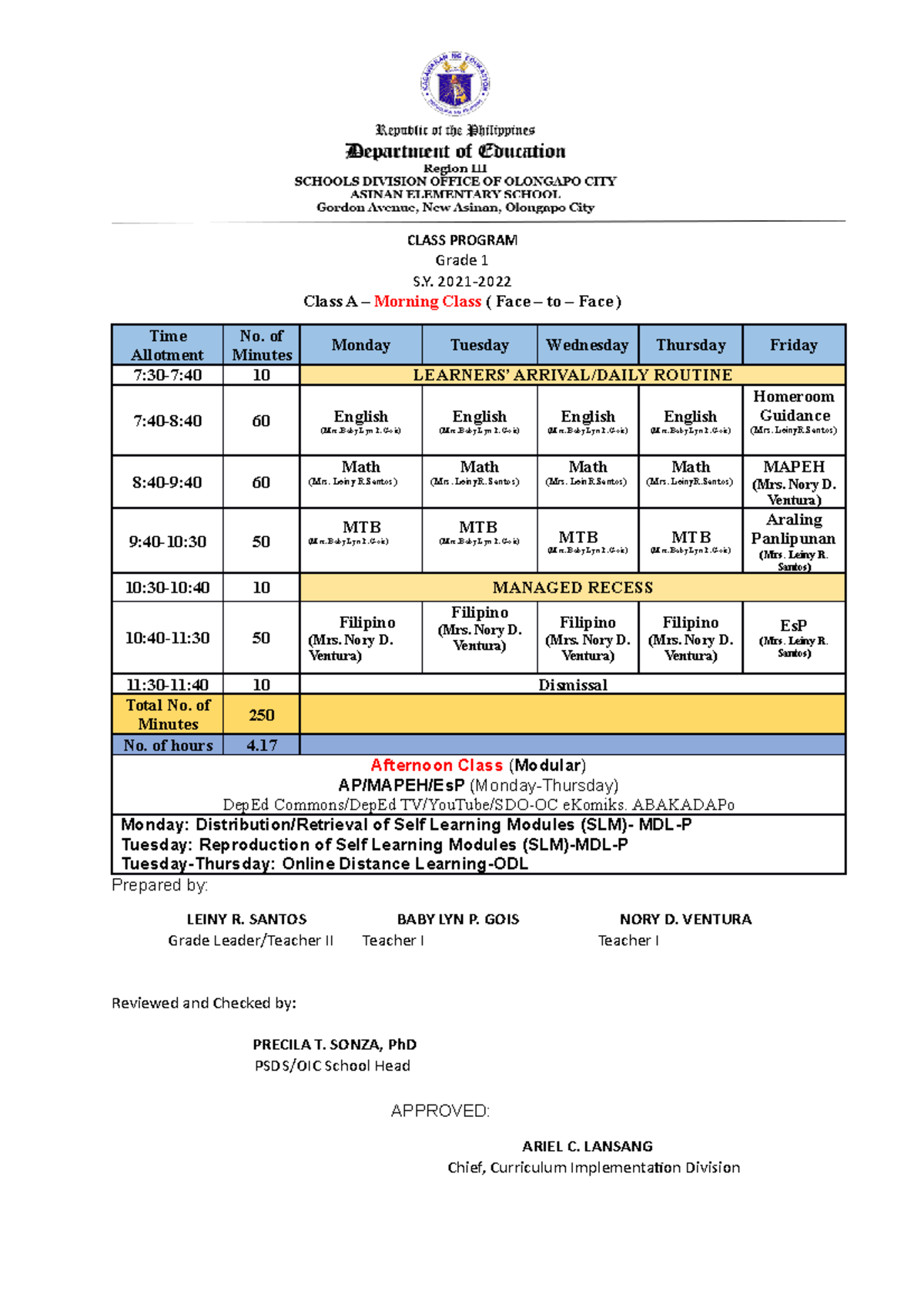 Grade 1 Class Program f2f portrait F - CLASS PROGRAM Grade 1 S. 2021 ...