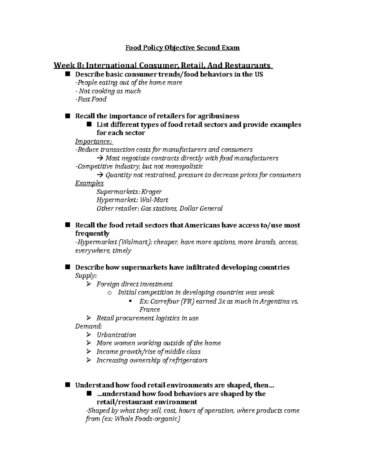 Food Policy Objectives Exam 2 - Food Policy Objective Second Exam Week ...