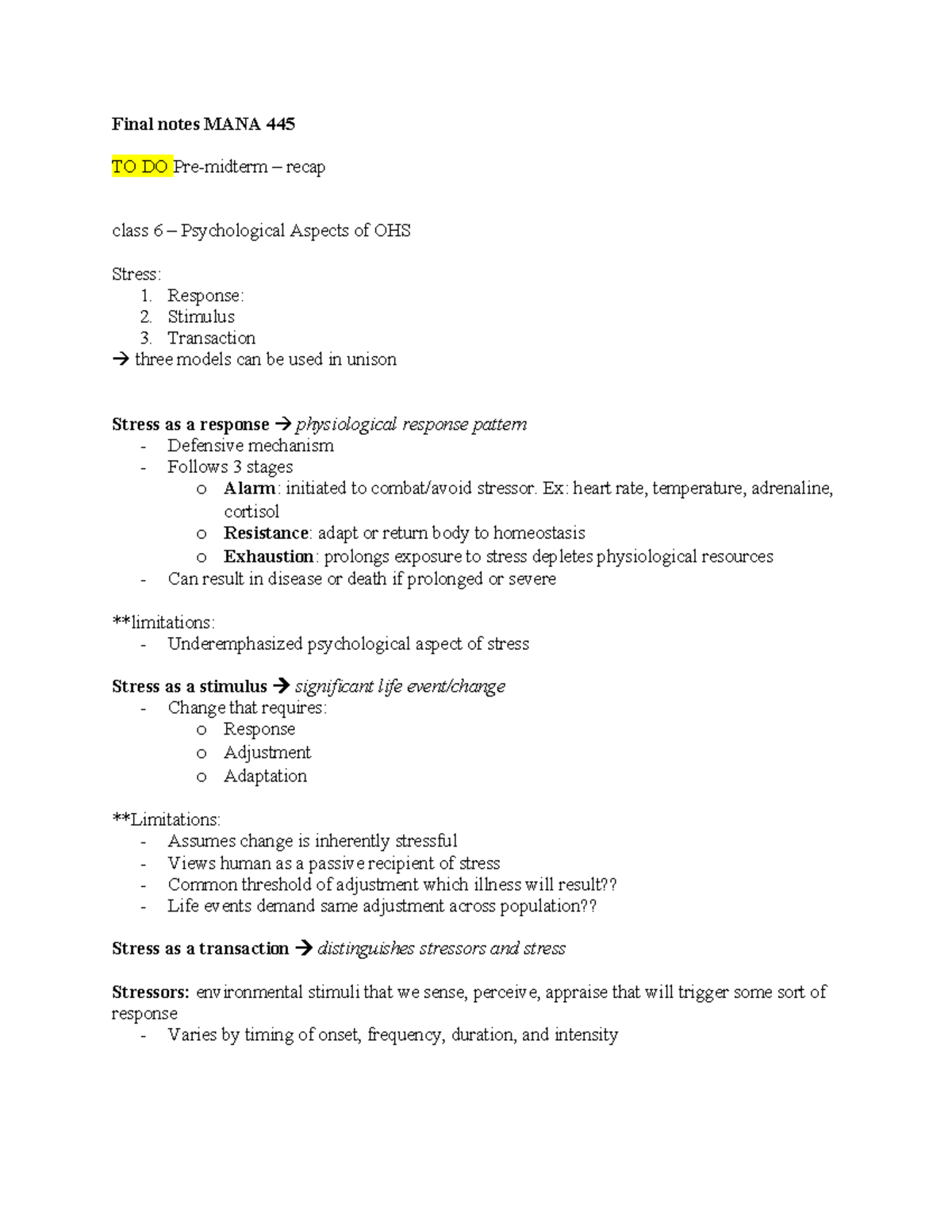 Final notes MANA 445 - Final notes MANA 445 TO DO Pre-midterm – recap ...