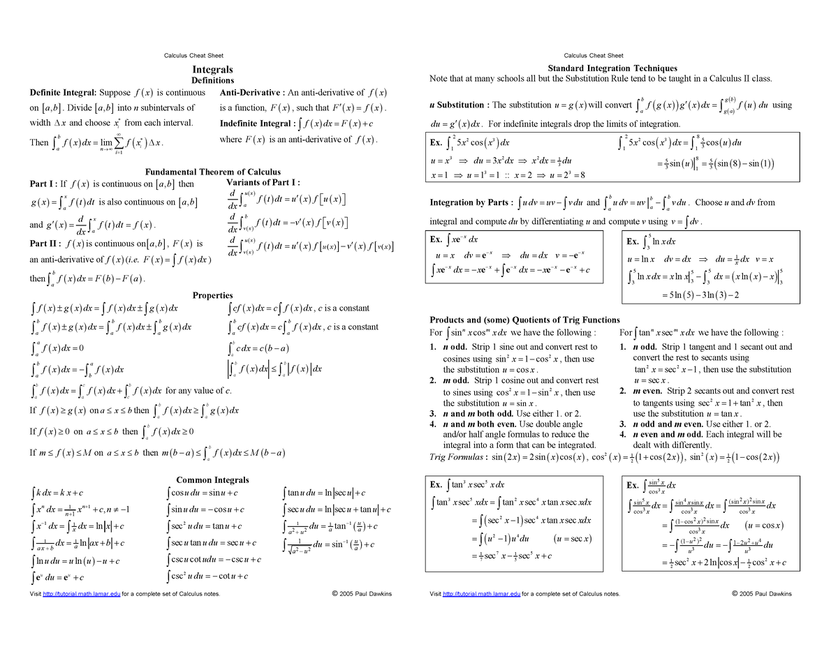 Calc integrals cheat sheet - Calculus Cheat Sheet Visit tutorial.math ...