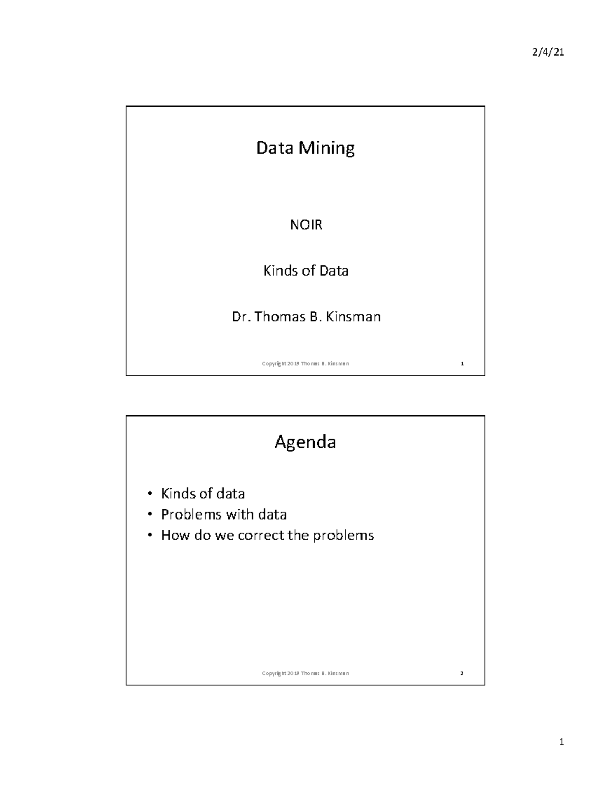LEC 04A Part A Kinds of Data v510 2UP - Data Mining NOIR Kinds of Data ...