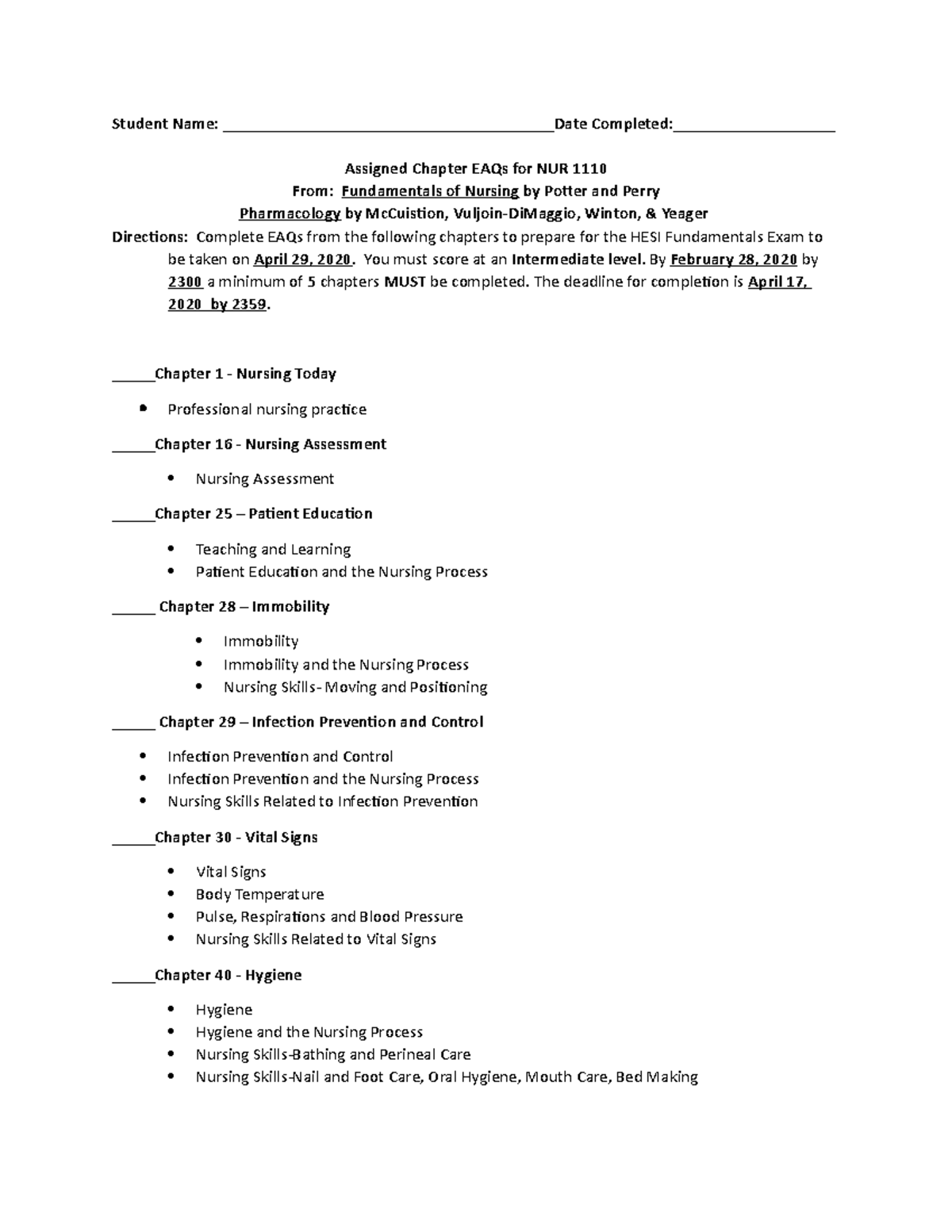 HESI EAQ requirements Spring 2020 Student Name