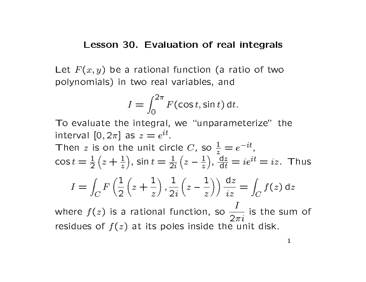 Lecture 30 - Lesson 30. Evaluation of real integrals Let F (x, y) be a ...