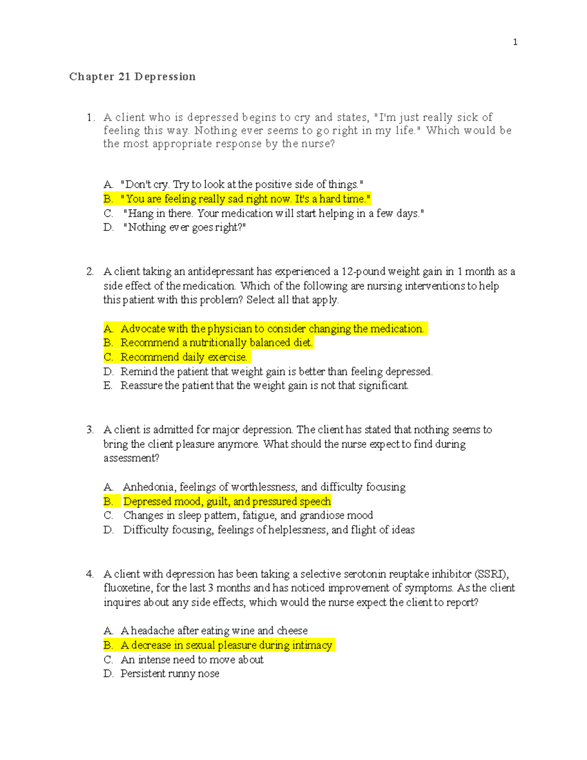 Exam 3 Practice Questions Spring 2021 - Chapter 21 Depression A client ...