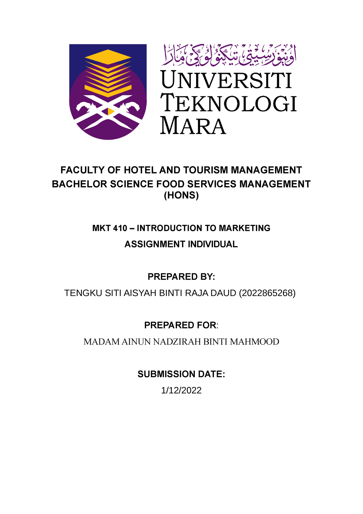 Assignment Individual - FACULTY OF HOTEL AND TOURISM MANAGEMENT ...