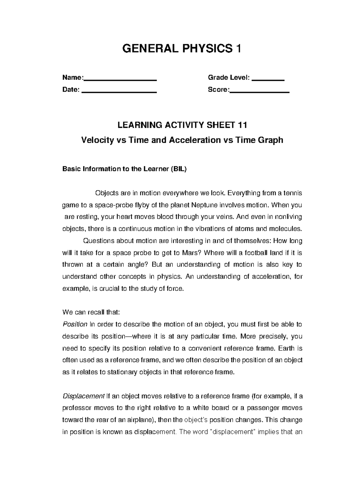 Module 11 - Notes - GENERAL PHYSICS 1 Name: Date: Grade Level: Score ...