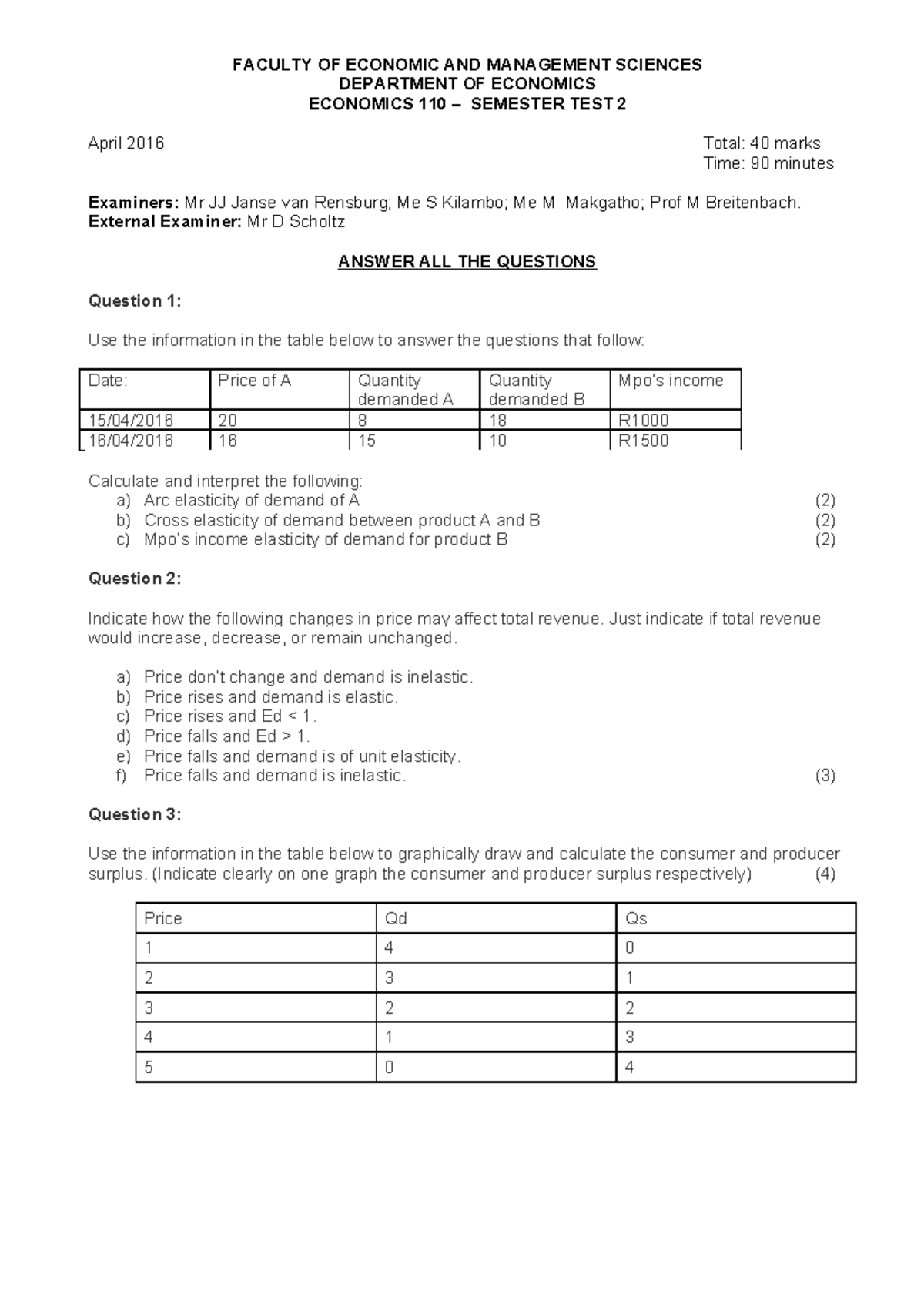 Test 2 Final with memo - Semester test 1 - FACULTY OF ECONOMIC AND ...