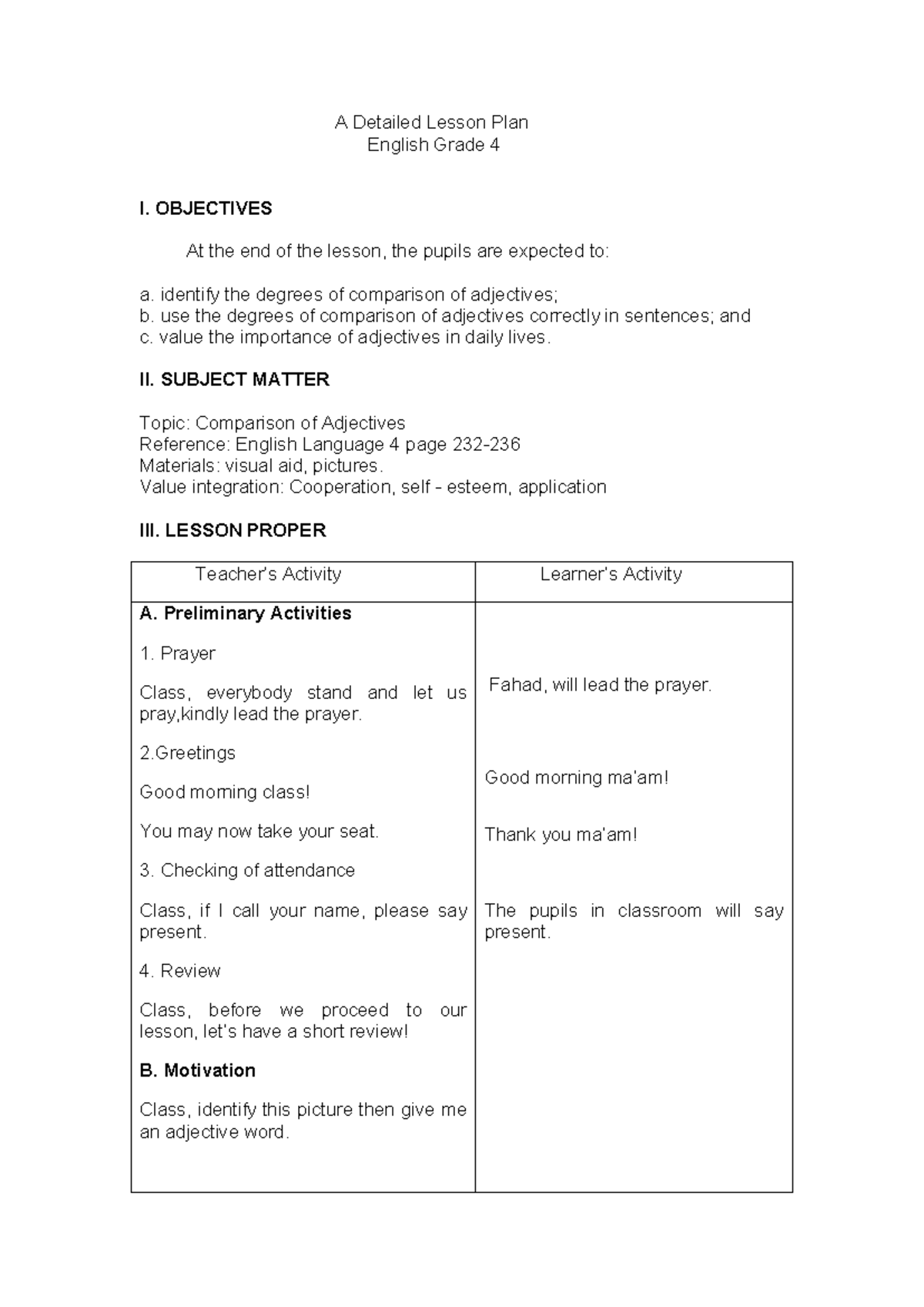 1st Lesson PLAN-1 - A Detailed Lesson Plan English Grade 4 I ...