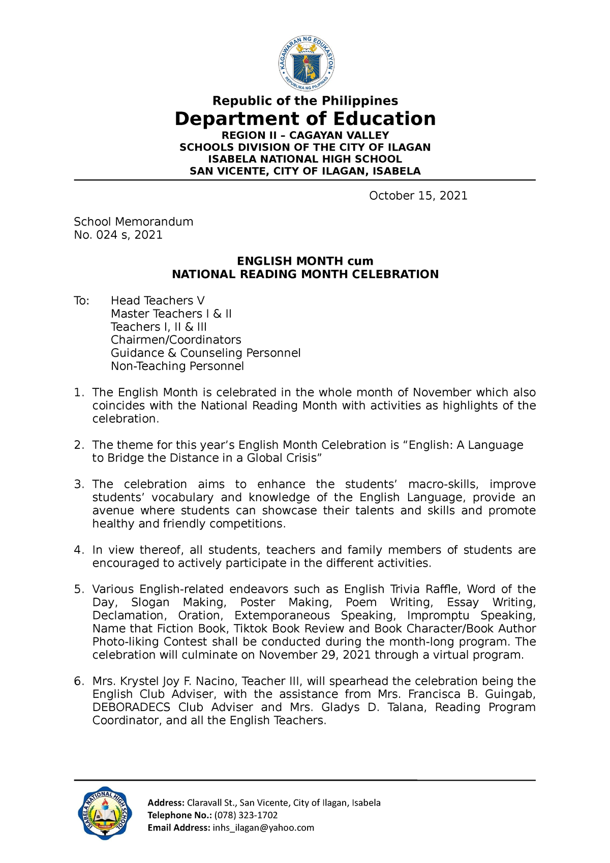 English-Month-Memorandum - Department of Education REGION II – CAGAYAN ...