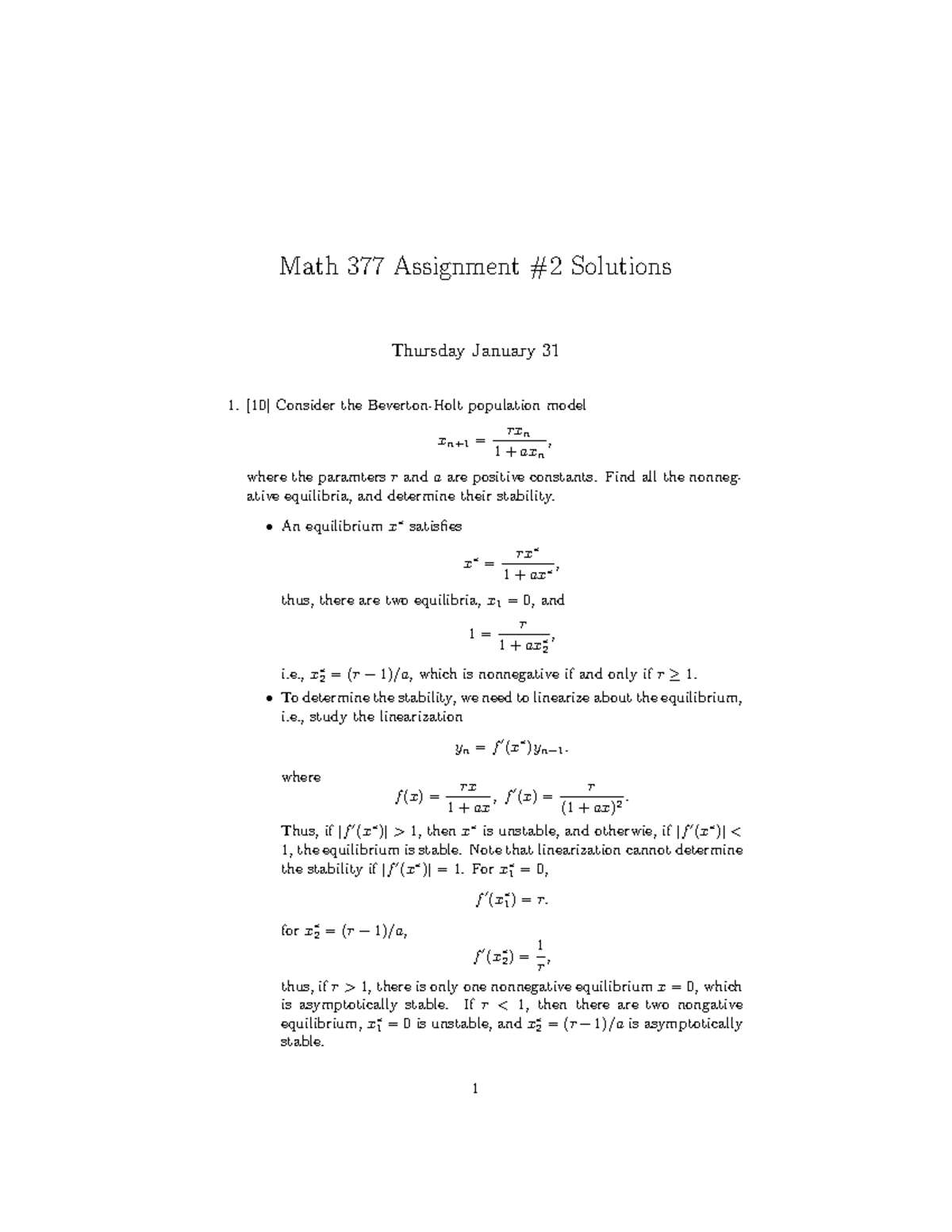 Assignment 2 sol - Math 377 Assignment #2 Solutions Thursday January 31 ...