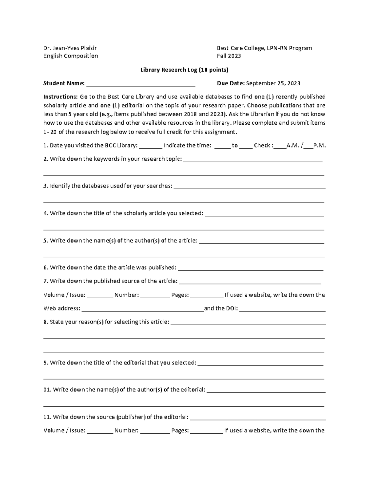 English Composition Library Assignment 2023 PDF - Dr. Jean-Yves Plaisir ...
