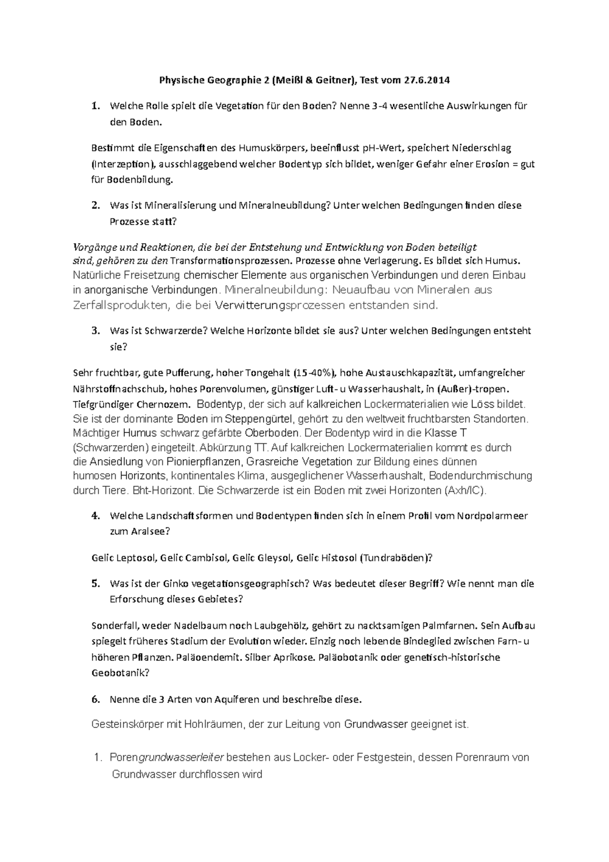 Geographie Fragen Mit Lösungen Klausur 2015, Fragen und Antworten - Physische Geographie 2 (Meißl &amp