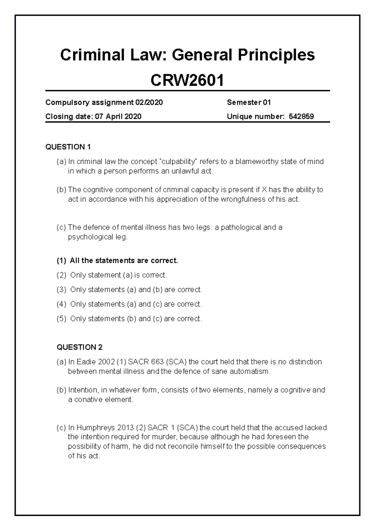 CRW2601 ASSIGNMENT - Criminal Law: General Principles CRW Compulsory ...