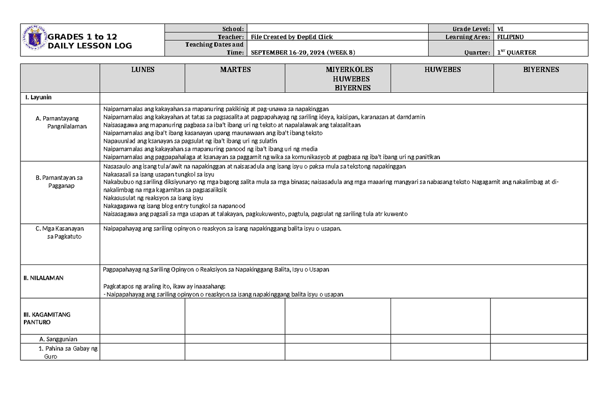 DLL Filipino 6 Q1 W8 - DLL - GRADES 1 to 12 DAILY LESSON LOG School ...