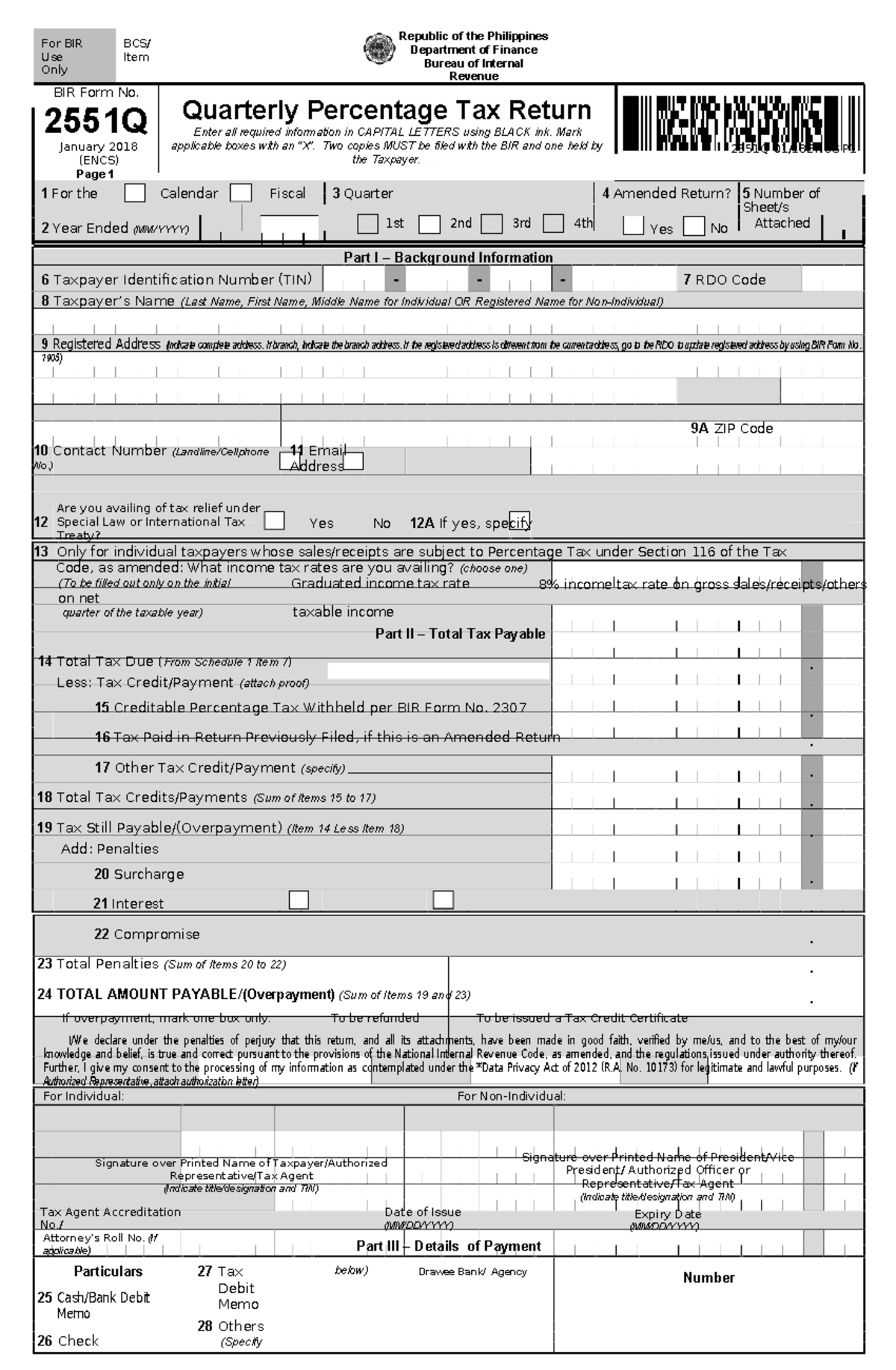 2551Q BIR Form - For BIR Use Only BCS/ Item Republic of the Philippines ...