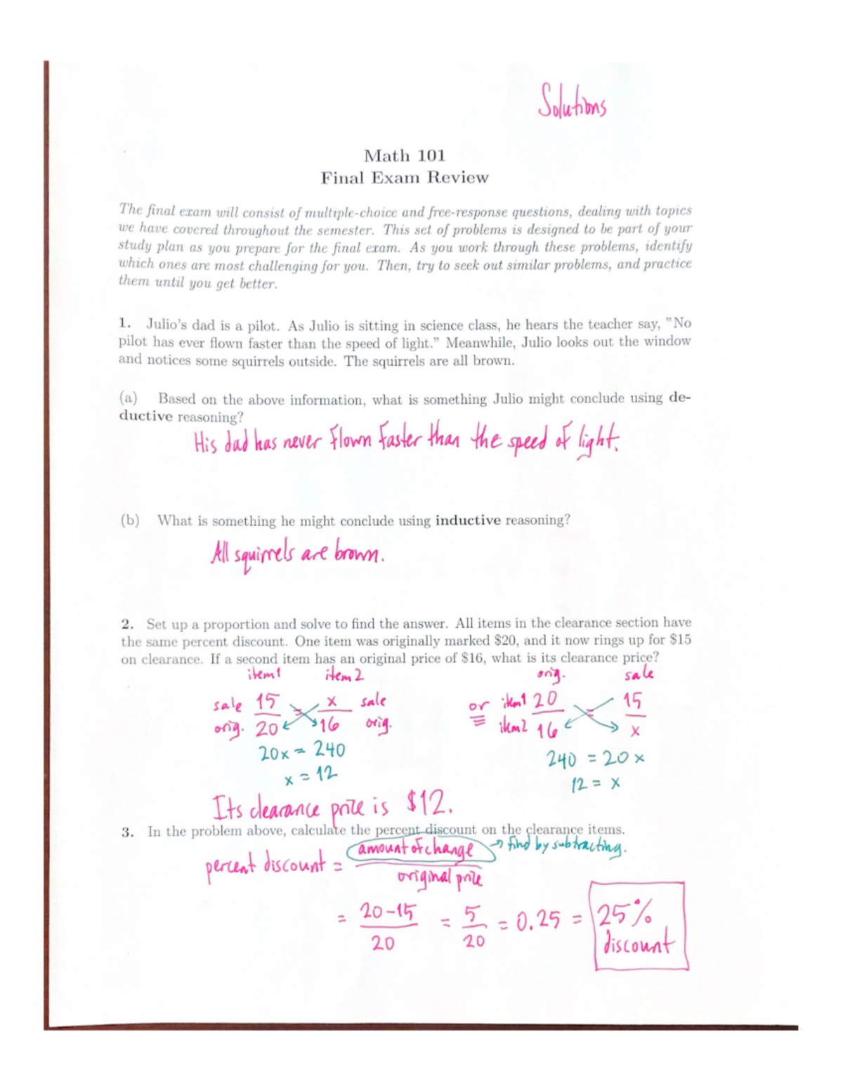 Final Exam Review Solutions - Solutions Math 101 Final Exam Review The ...