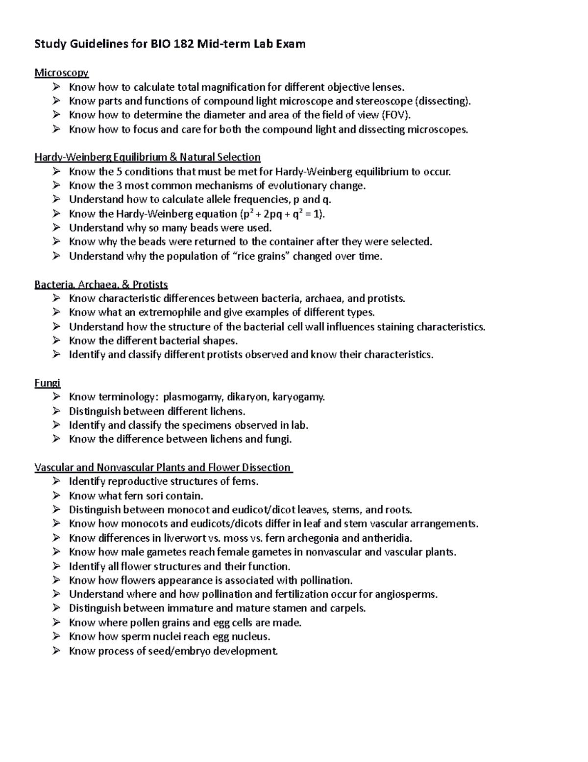 Study Guide For Midterm - Study Guidelines For BIO 182 Mid-term Lab ...