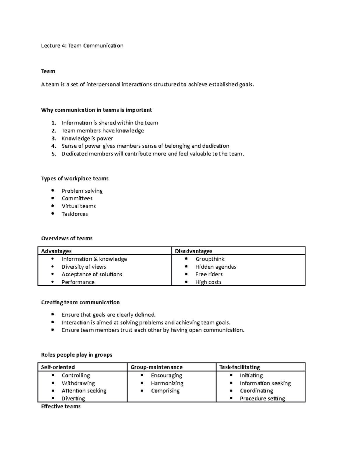 L4Study Notes - Lecture 4: Team Communication Team A team is a set of ...
