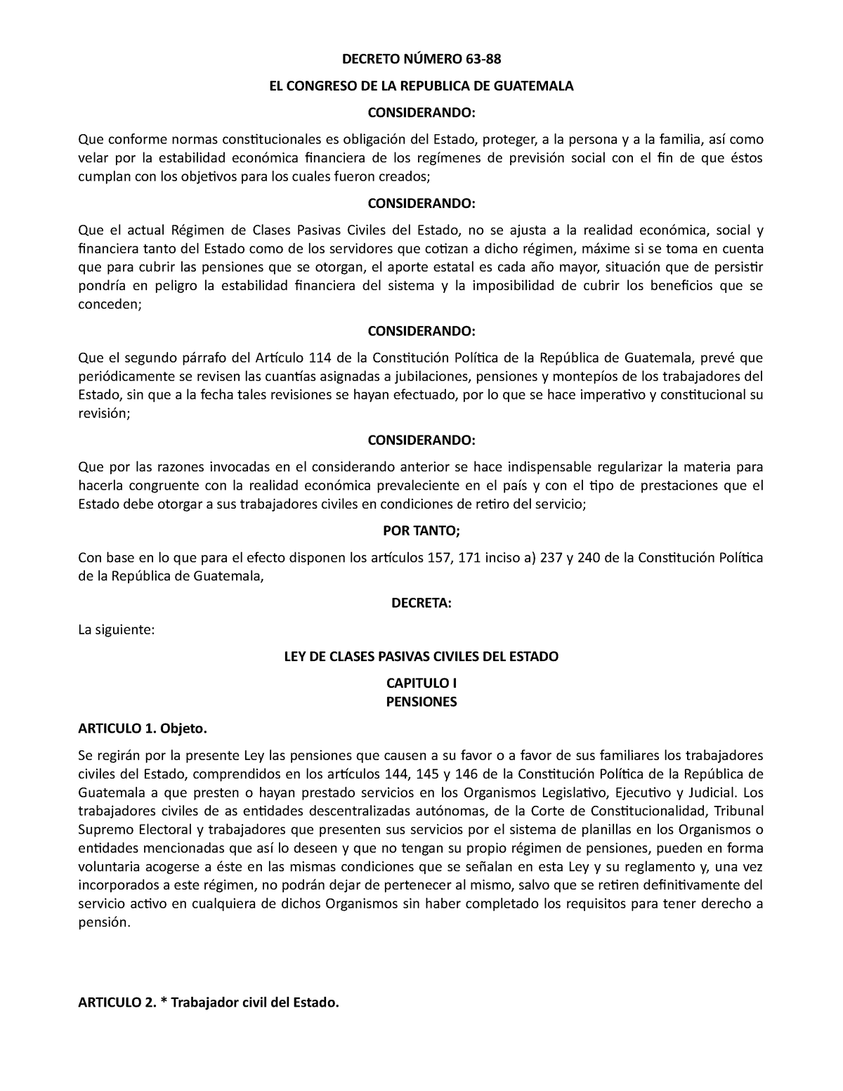 Dto 63-88 Ley de Clases Pasivas Civiles del Estado (No revisado por ...