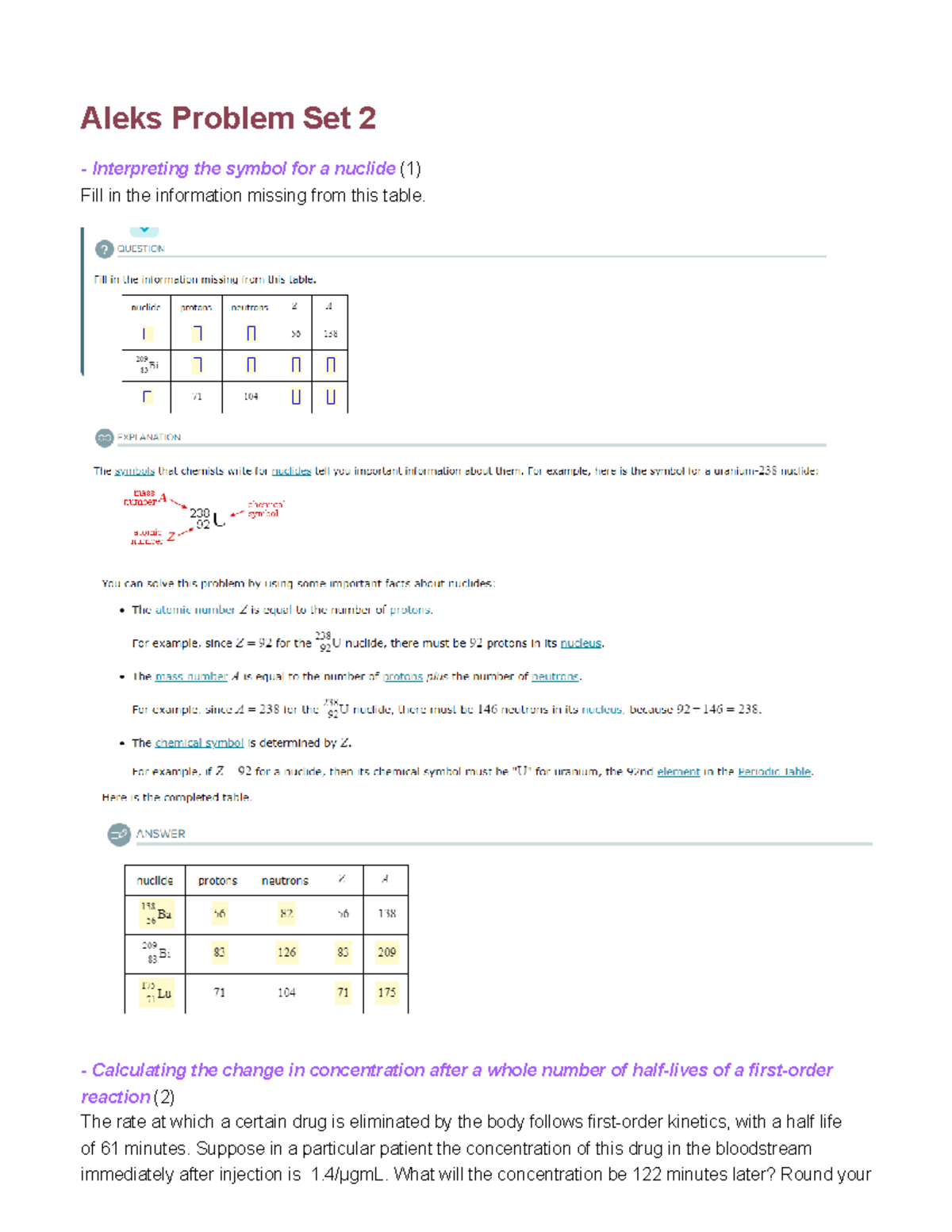 Aleks Problem Set 2 Calculating the change in concentration after a whole number of halflives