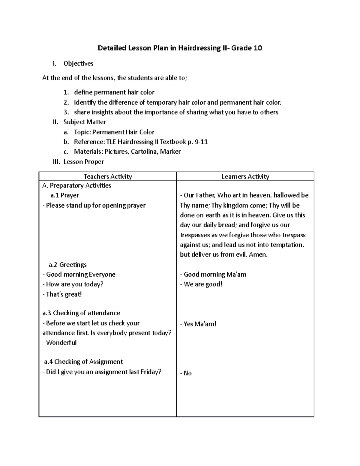 4a s Department Of Education Lesson Plan Example For Practice Teaching 