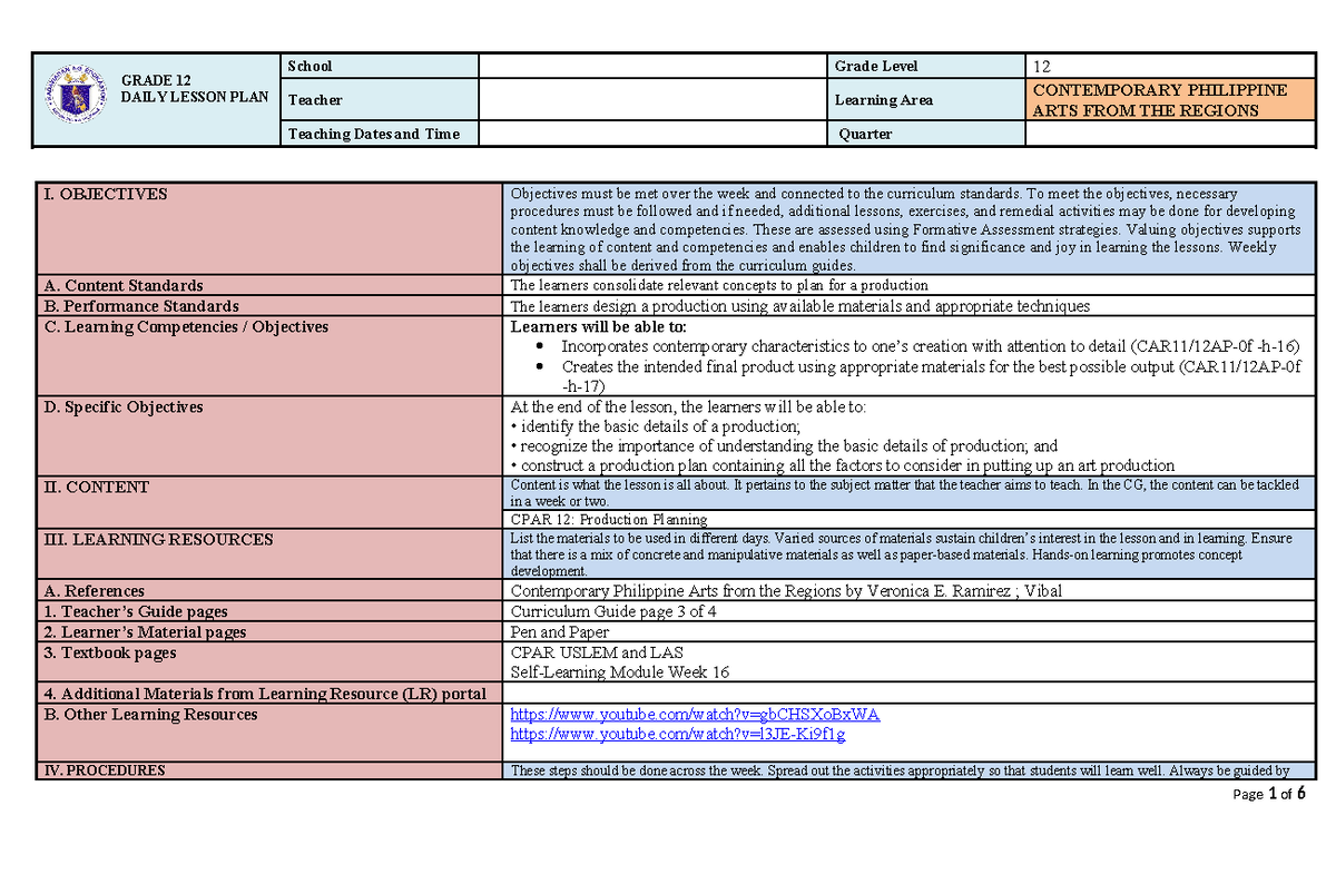 Sample Lesson Plan CPAR - GRADE 12 DAILY LESSON PLAN School Grade Level ...