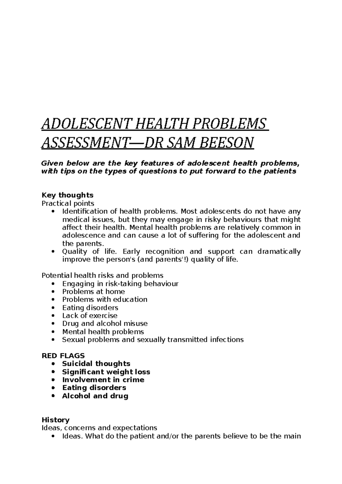 Adolescent Health Problems Assessment Points to Note MBBS Psychiatry ...