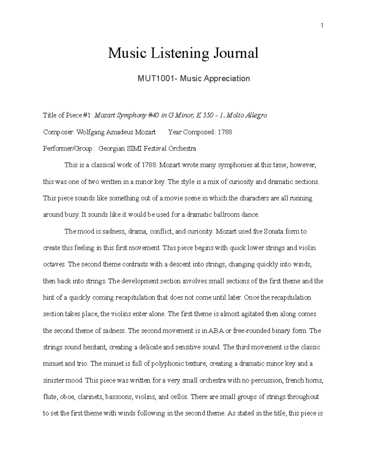 Music Listening Journal Music Listening Journal MUT1001 Music