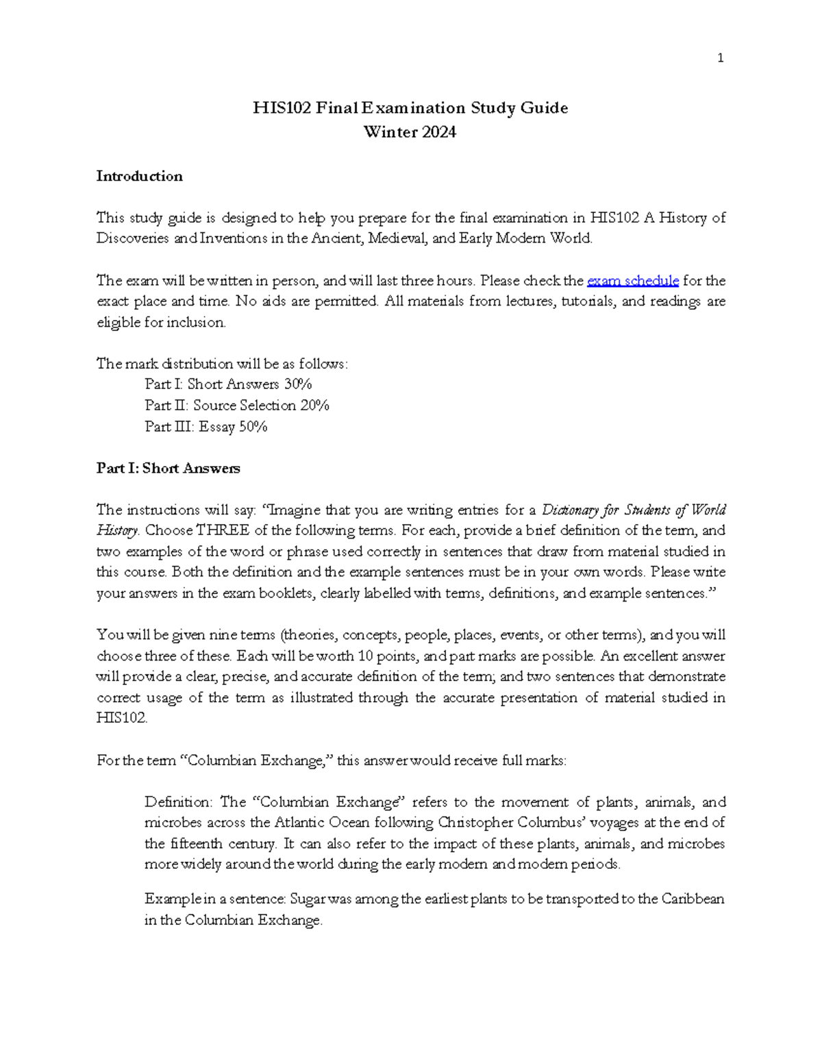 HIS102 Final Examination Study Guide Winter 2024 HIS102 Final