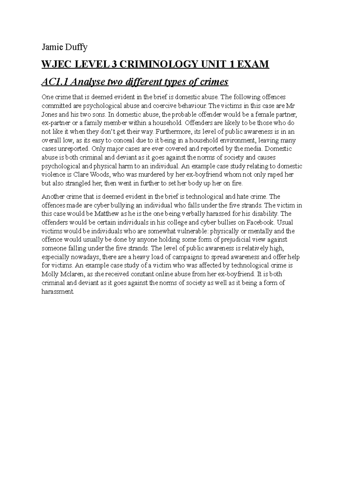 WJEC Criminology Exam 1 Jamie Duffy WJEC LEVEL 3 CRIMINOLOGY UNIT 1 