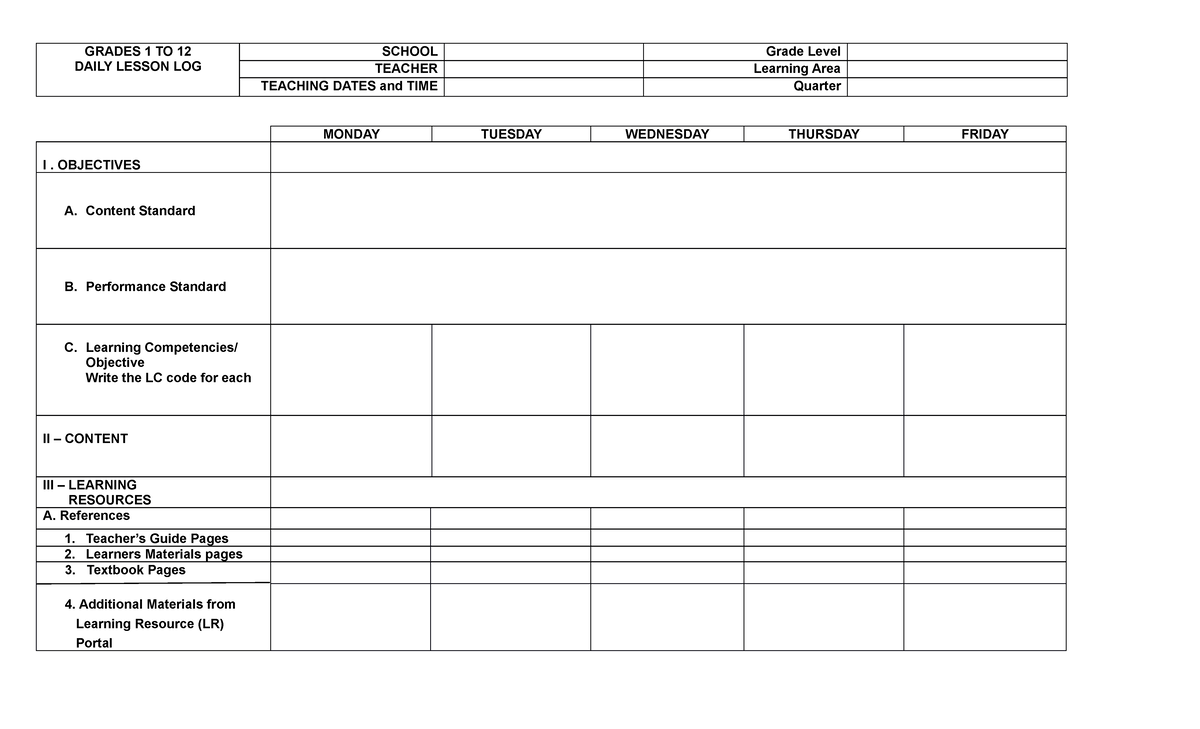 DLLP - Daily Lesson Log - GRADES 1 TO 12 DAILY LESSON LOG SCHOOL Grade ...