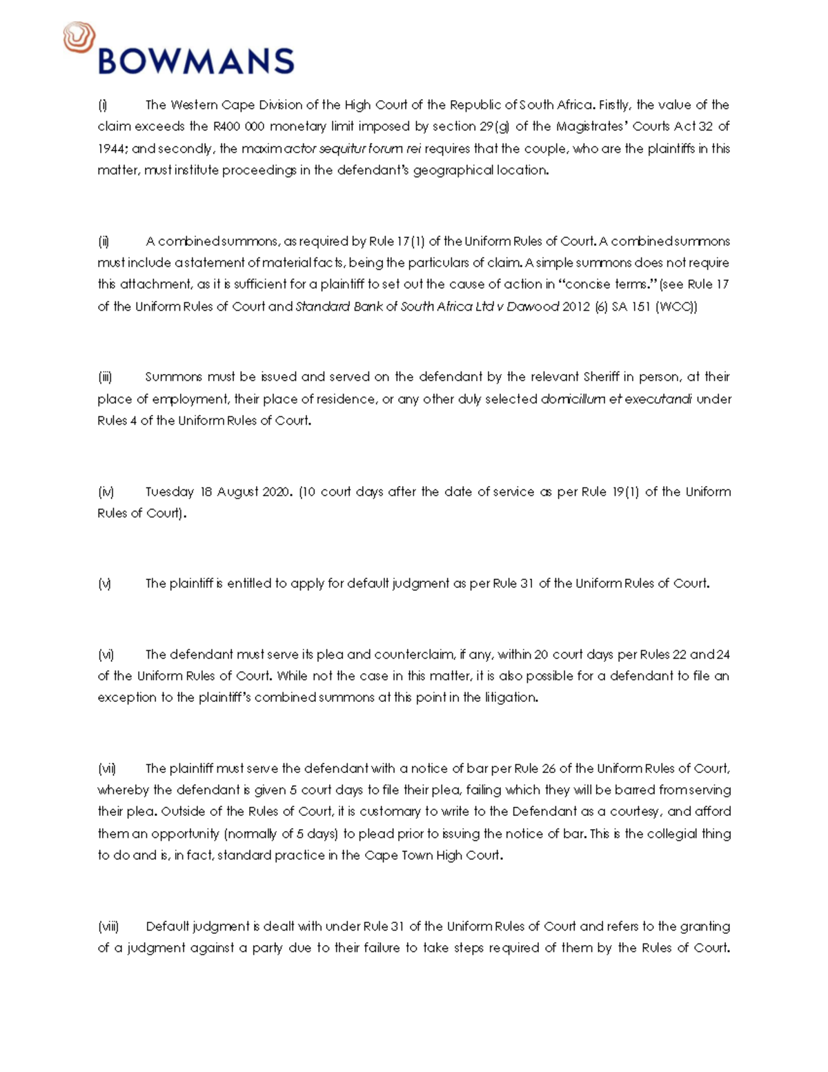 Task 4 Model Answer v4 - Legal - (i) The Western Cape Division of the ...
