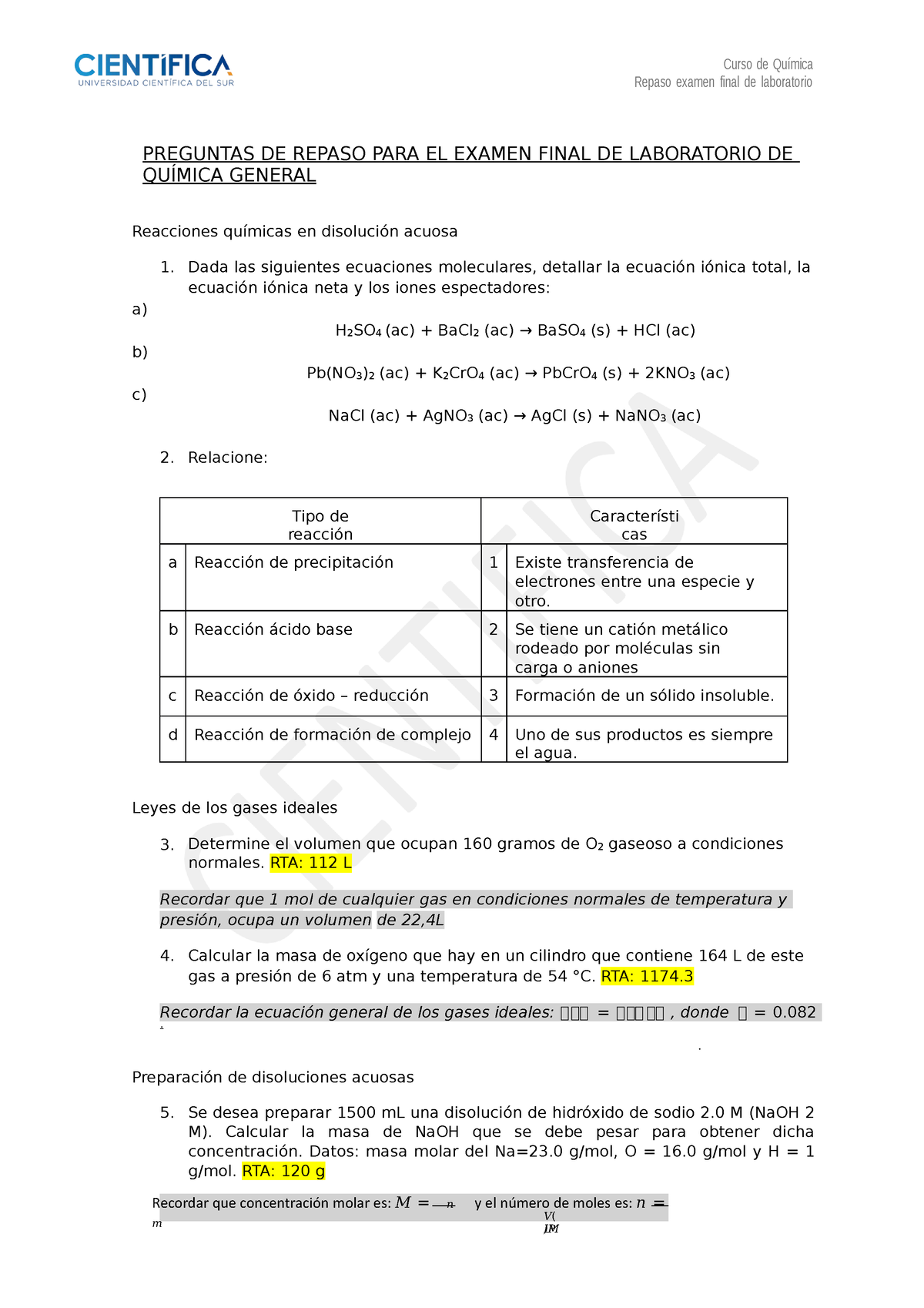 Ejercicios repaso para examen final de práctica Curso de Química Repaso examen final de Studocu