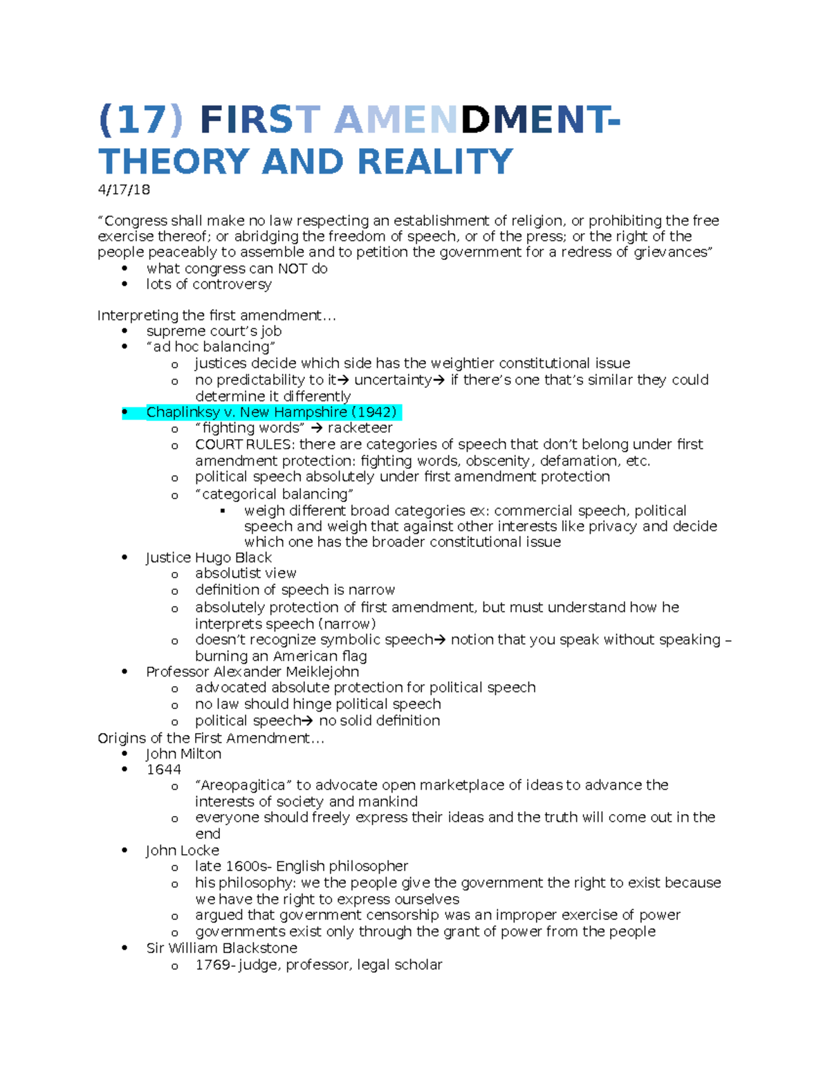 SMAD330 Lecture Notes 4 - (17) FIRST AMENDMENTTHEORY AND REALITY 4/17 ...