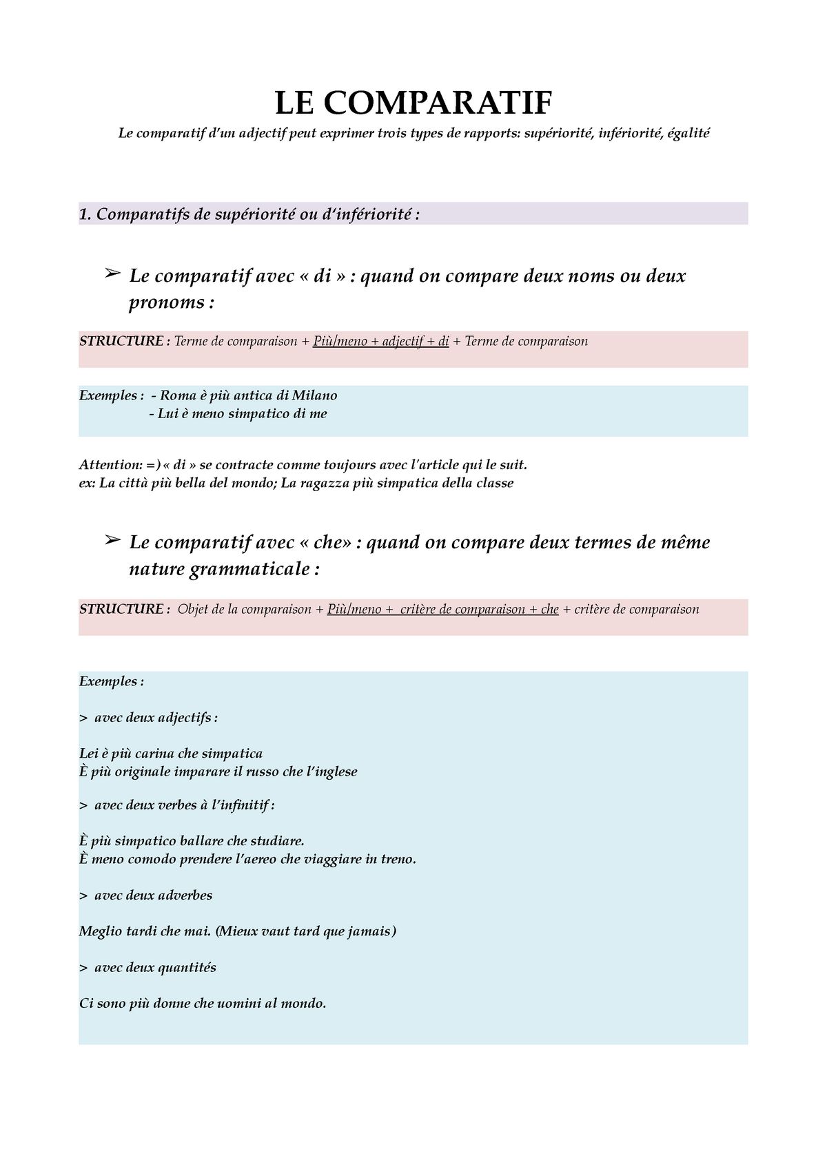 Fiche Les Comparatifs En Italien Le Comparatif Le Comparatif Dun