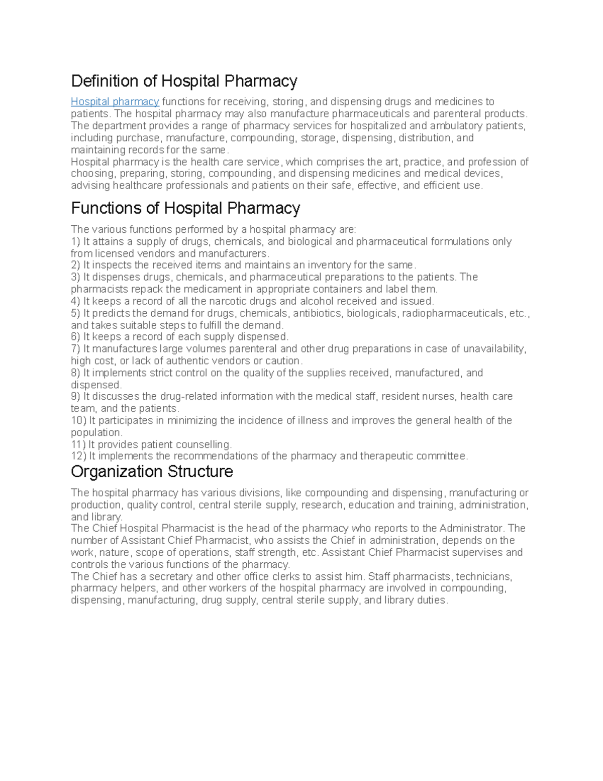 Definition of Hospital Pharmacy 1 Definition of Hospital Pharmacy