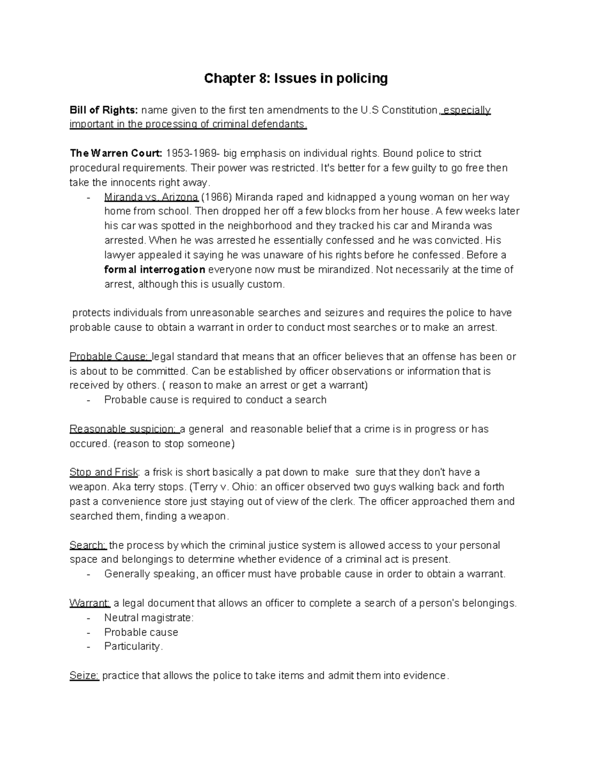 CRJ chapter 8 notes - Chapter 8: Issues in policing Bill of Rights ...