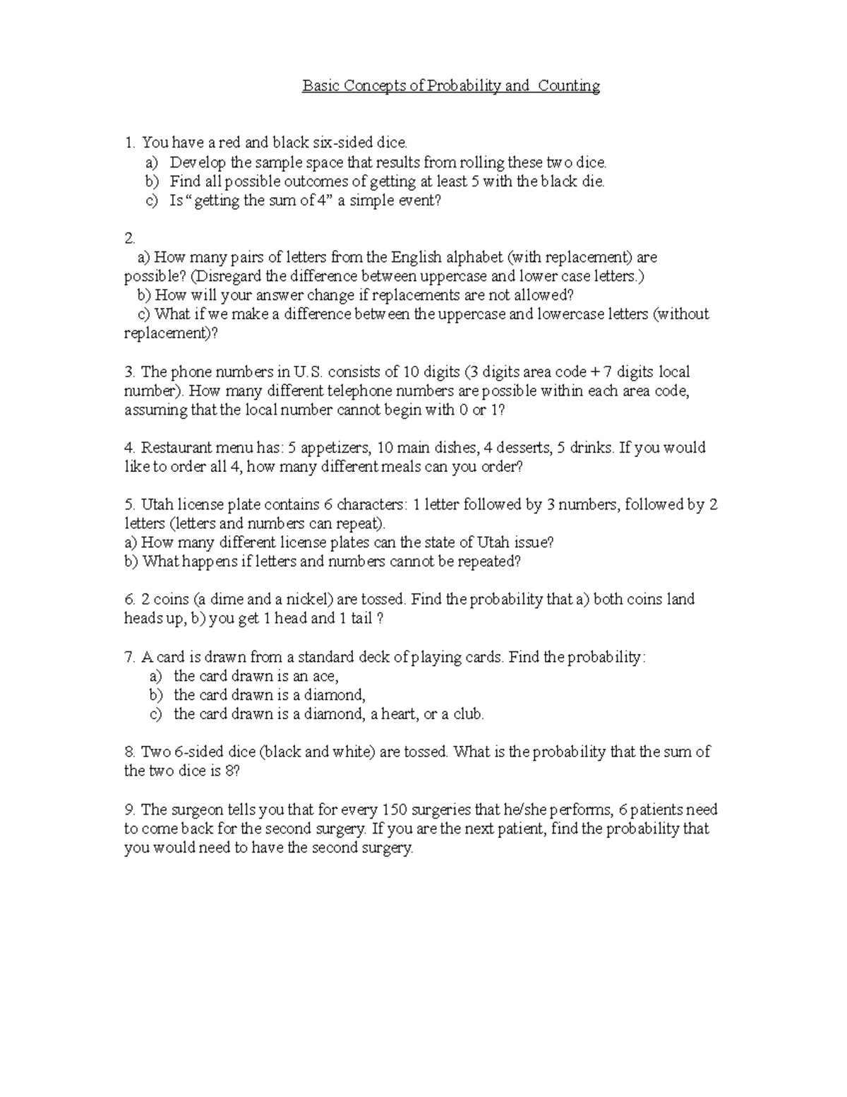 Basic concepts of probability and counting a develop the sample
