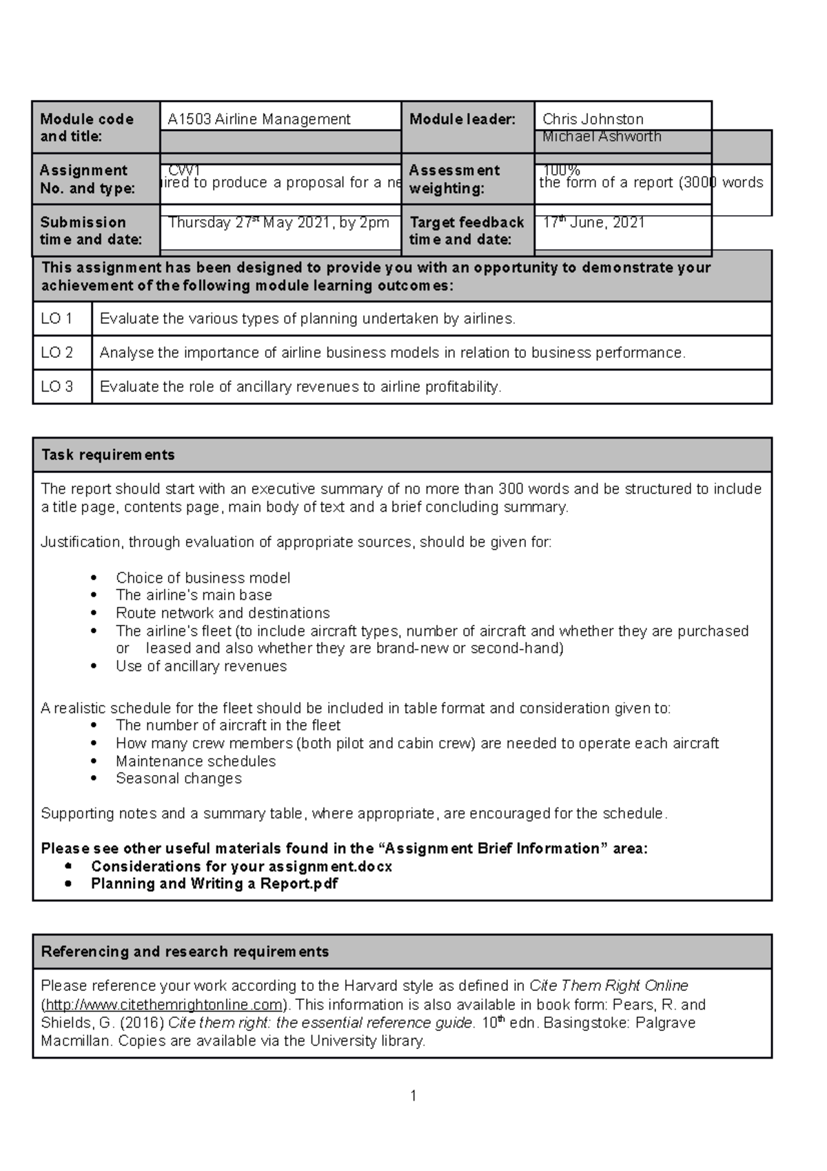 Ai503 Cw1 Airline Management - Assignment Brief 2020-21 - Assignment 