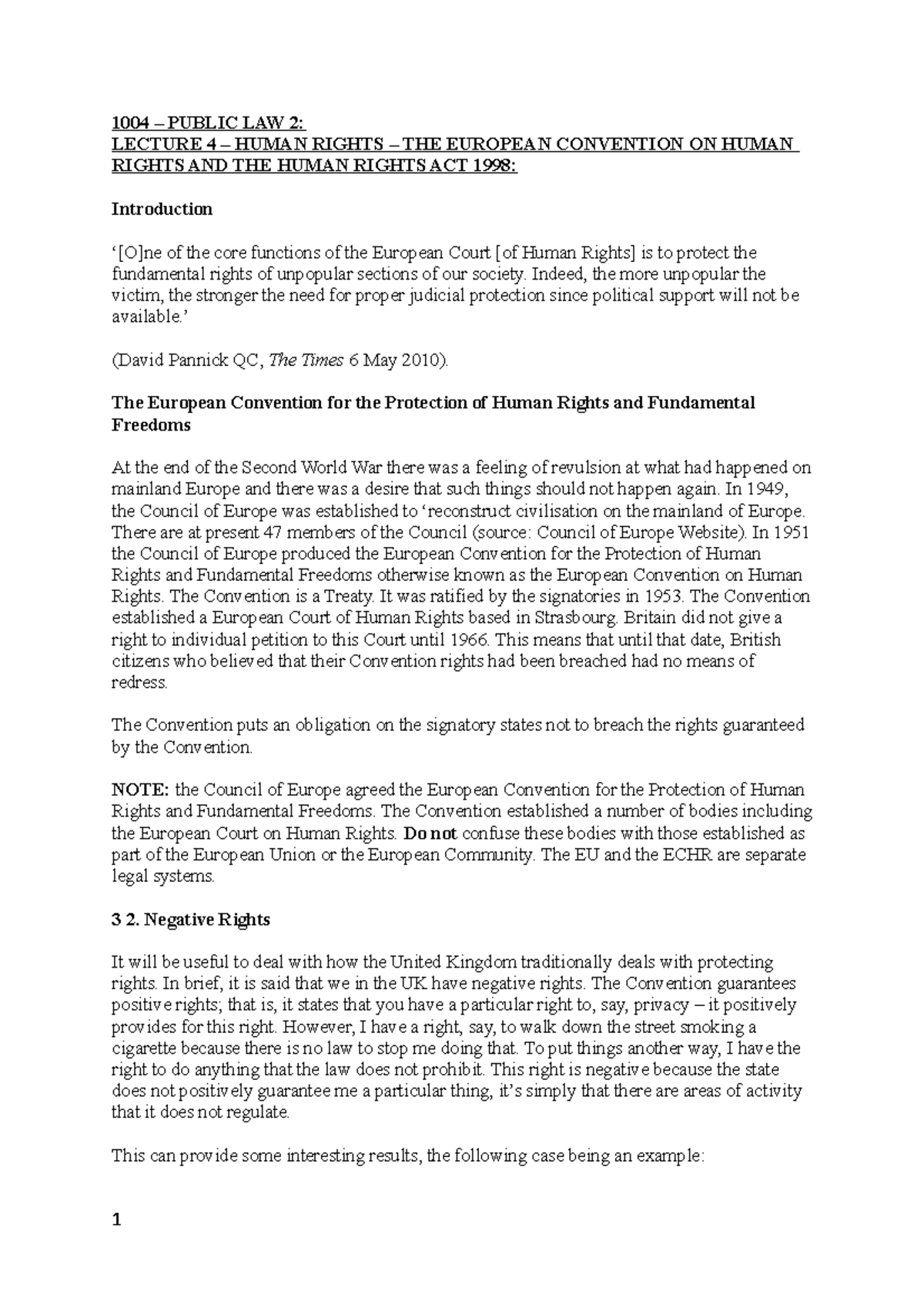 1004 Lecture 4 - Human Rights - 1004 – PUBLIC LAW 2: LECTURE 4 – HUMAN ...