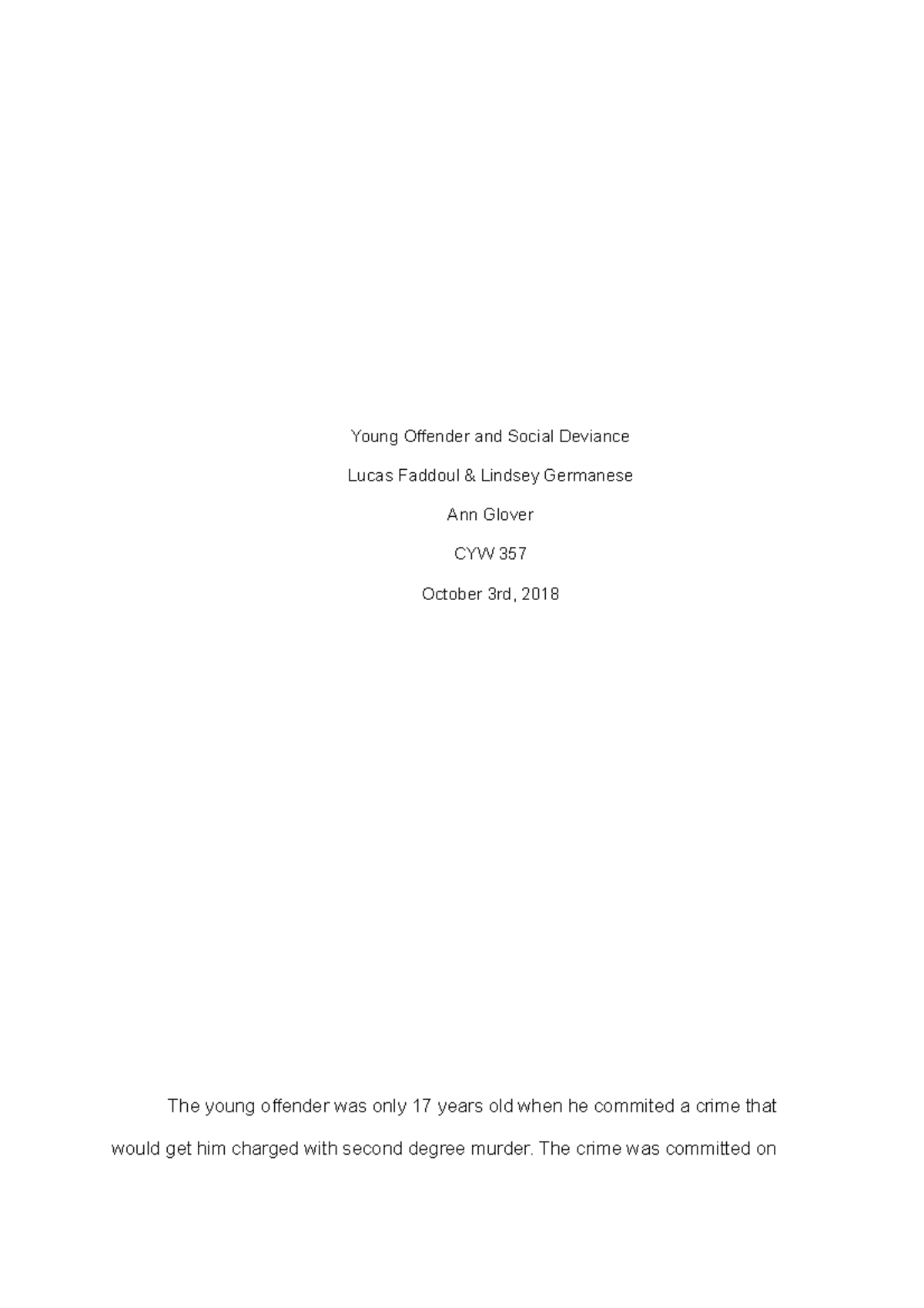 Young Offender Paper - Grade: b - Young Offender and Social Deviance ...