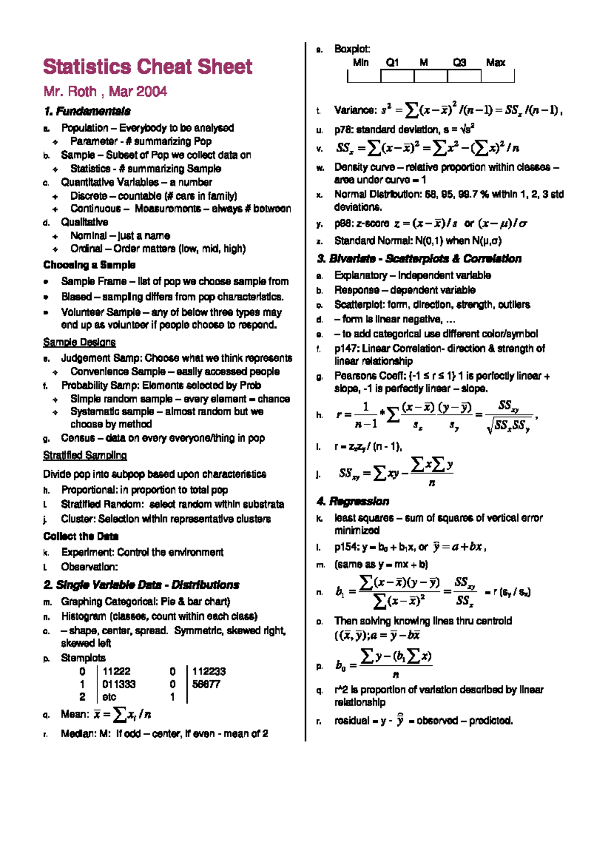 Statistics Cheetsheet - Mr. Roth (2004) - Probability and Statistics ...